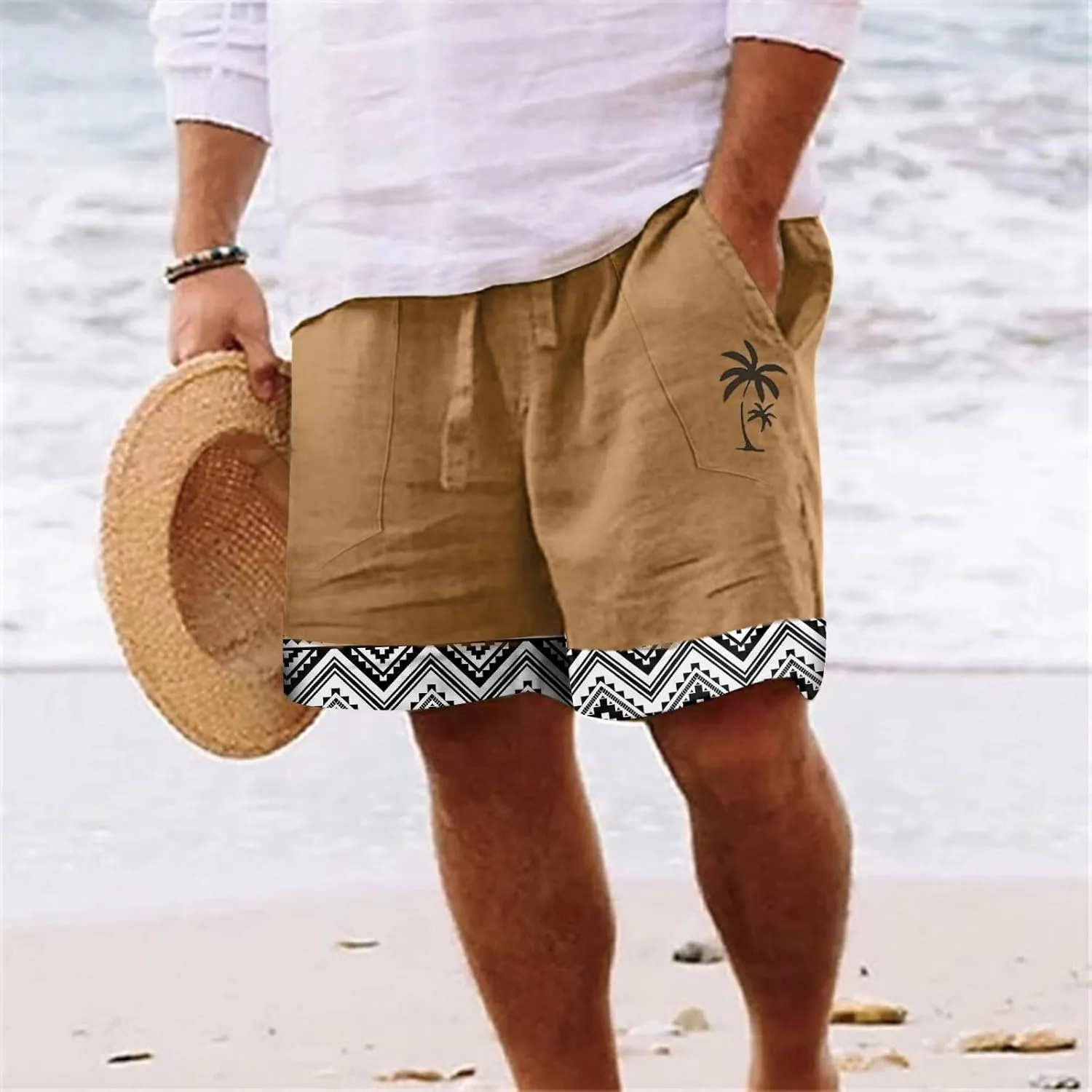 Mens White Summer Linen Shorts Coconut Tree Printed Beach Trendy Shorts Mens White Summer Linen Shorts Mens Linen