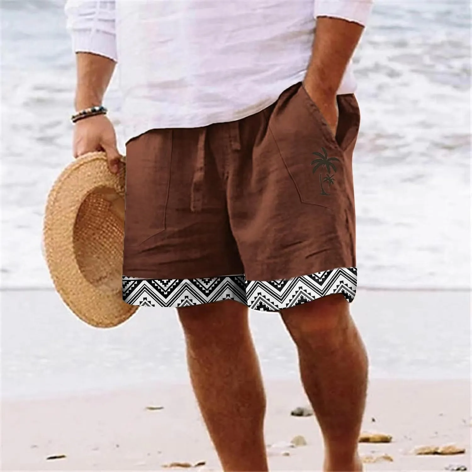 Mens White Summer Linen Shorts Coconut Tree Printed Beach Trendy Shorts Mens White Summer Linen Shorts Mens Linen