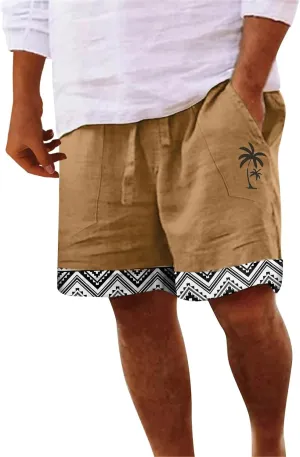 Mens White Summer Linen Shorts Coconut Tree Printed Beach Trendy Shorts Mens White Summer Linen Shorts Mens Linen
