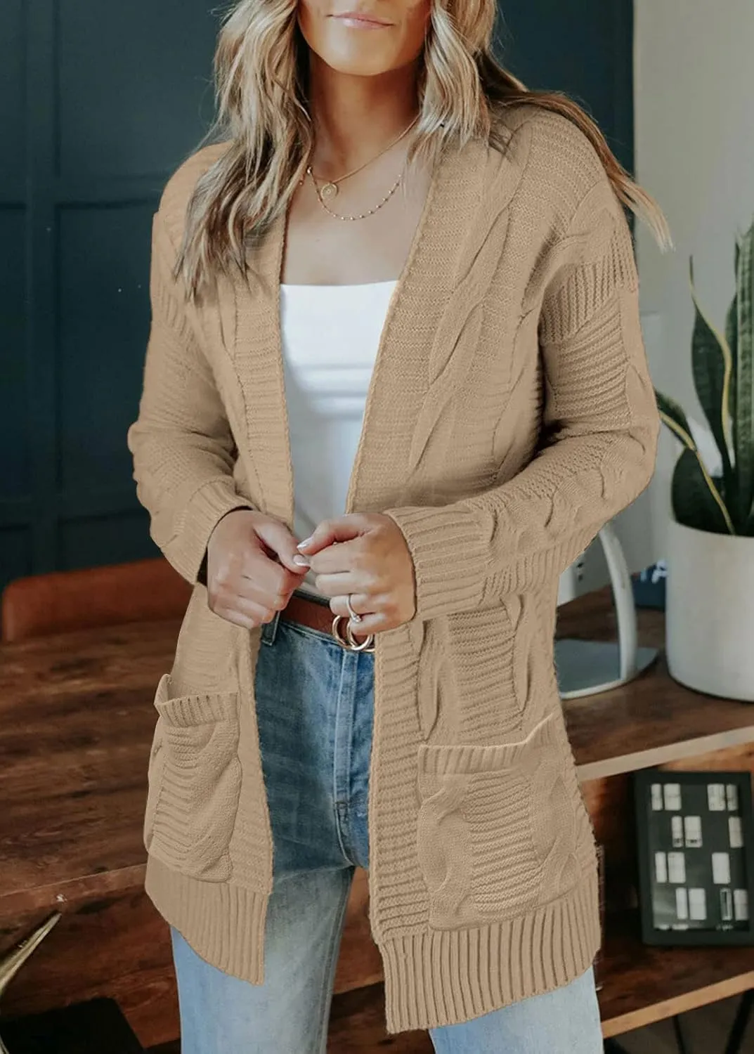 MEROKEETY Women's 2025 Long Sleeve Cable Knit Cardigan Sweaters Open Front Fall Outwear Coat