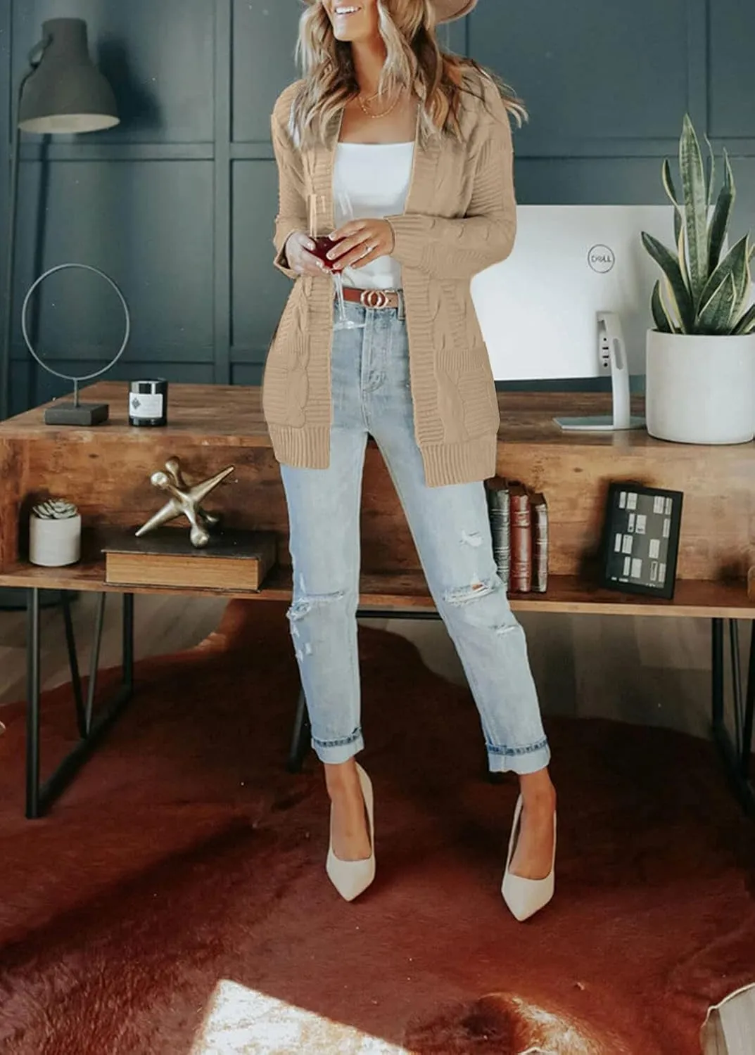 MEROKEETY Women's 2025 Long Sleeve Cable Knit Cardigan Sweaters Open Front Fall Outwear Coat