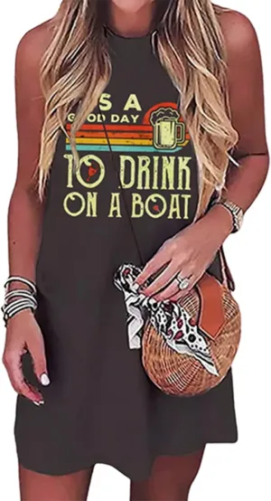 MHTOR Coconut Tree Sleeveless Mini Dress Funny Letter Loose Tank Dress Casual Summer Sundress Beach Vacation Dress