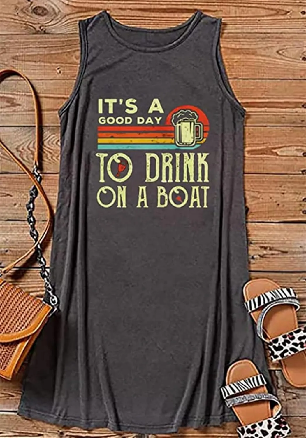 MHTOR Coconut Tree Sleeveless Mini Dress Funny Letter Loose Tank Dress Casual Summer Sundress Beach Vacation Dress
