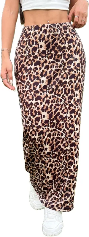 Milumia Girl's Leopard Print Bodycon Skirt High Waist Long Skirts