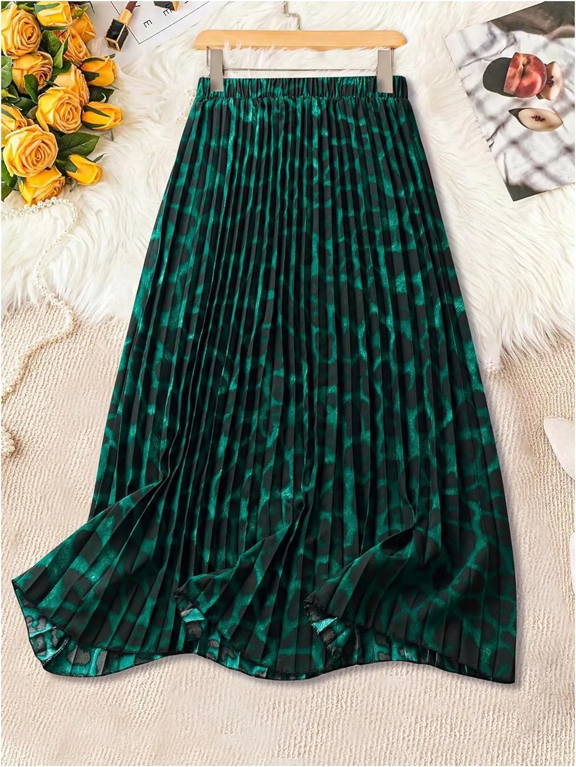 Milumia Women's Leopard Print Elastic High Waist Pleated A Line Long Skirts