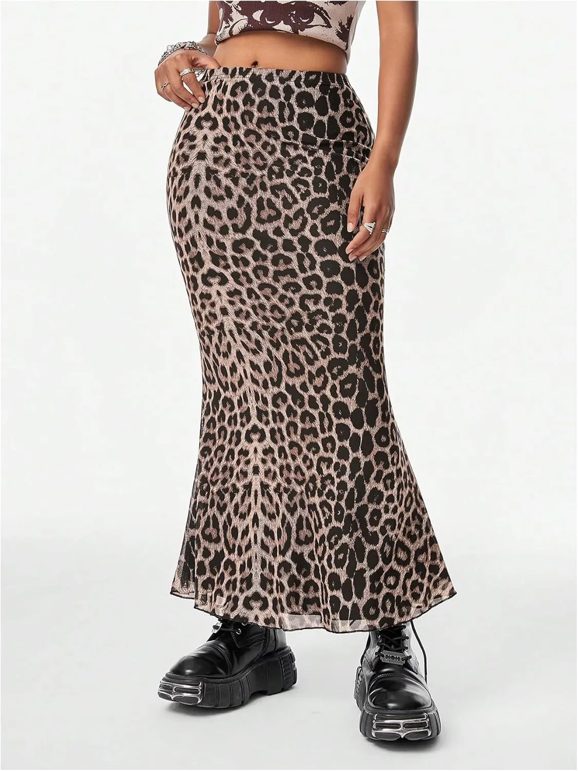 Milumia Women's Leopard Print Mesh Long Skirt High Waist Lettuce Trim Bodycon Y2K Skirts
