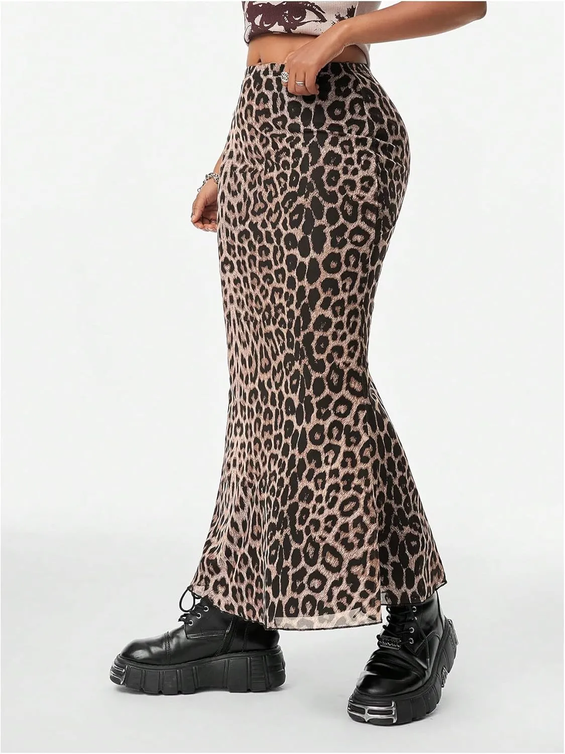 Milumia Women's Leopard Print Mesh Long Skirt High Waist Lettuce Trim Bodycon Y2K Skirts
