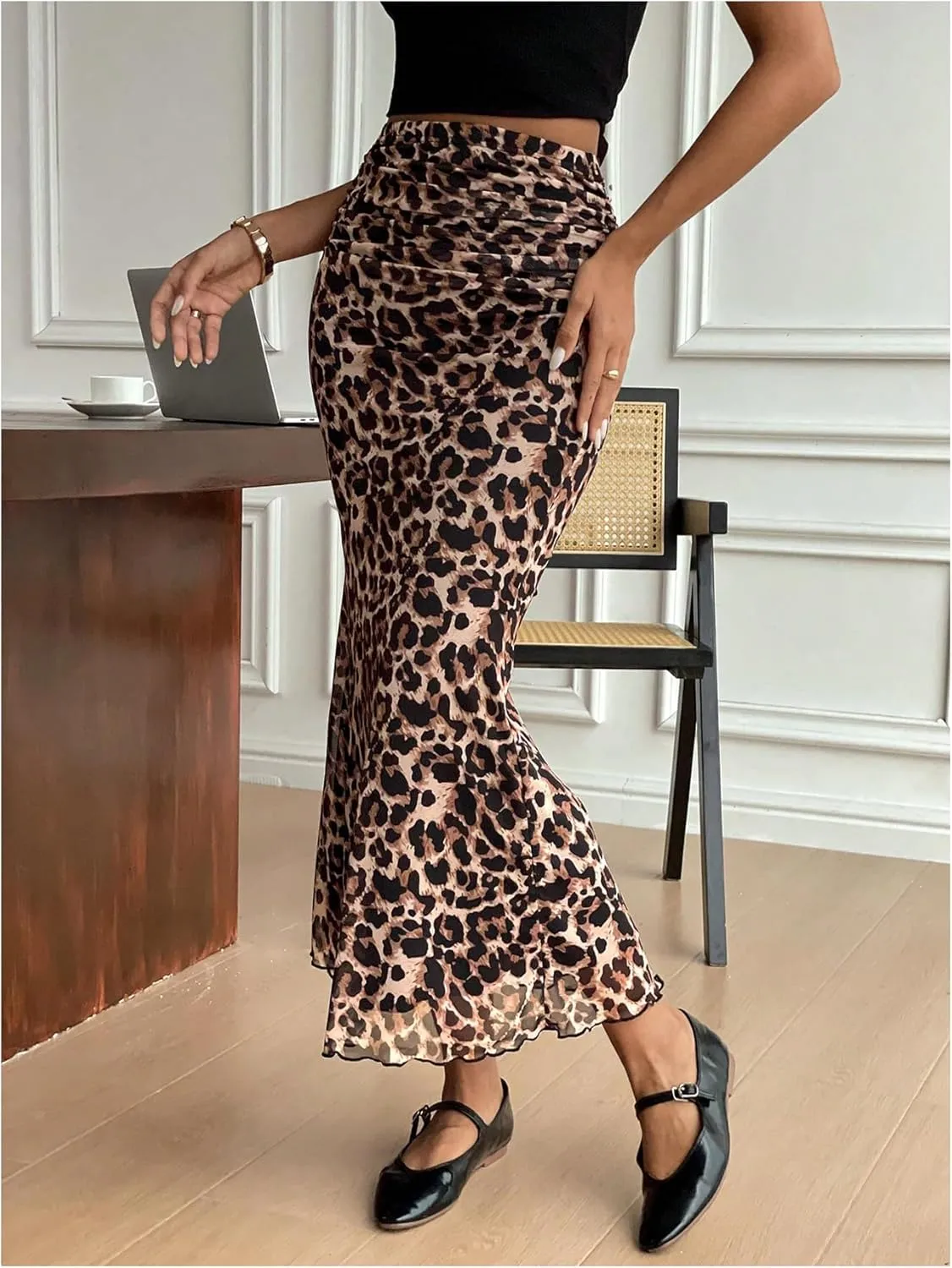 Milumia Women's Leopard Ruched Bodycon Mesh Skirt Lettuce Hem Fishtail Long Skirts