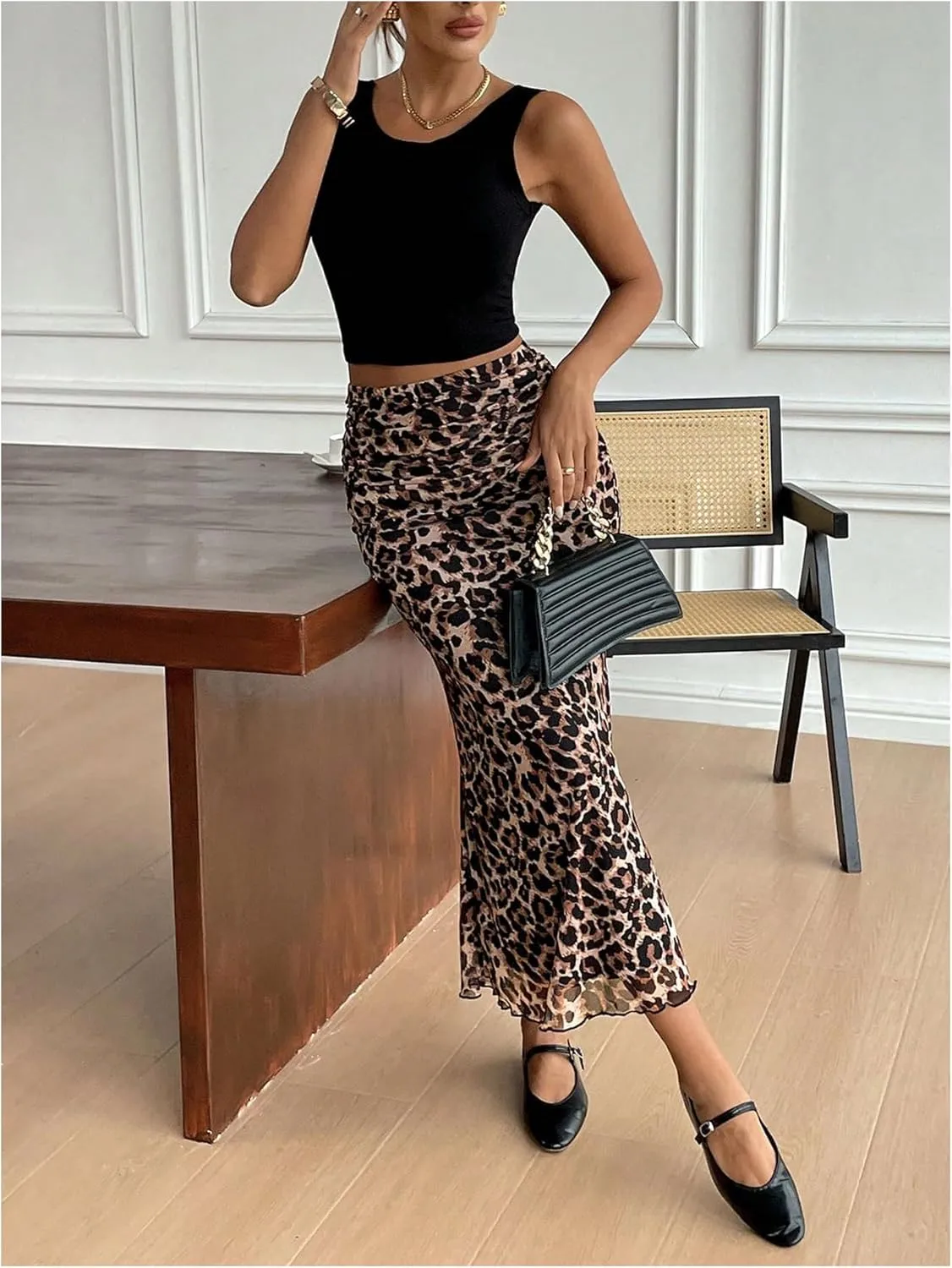 Milumia Women's Leopard Ruched Bodycon Mesh Skirt Lettuce Hem Fishtail Long Skirts