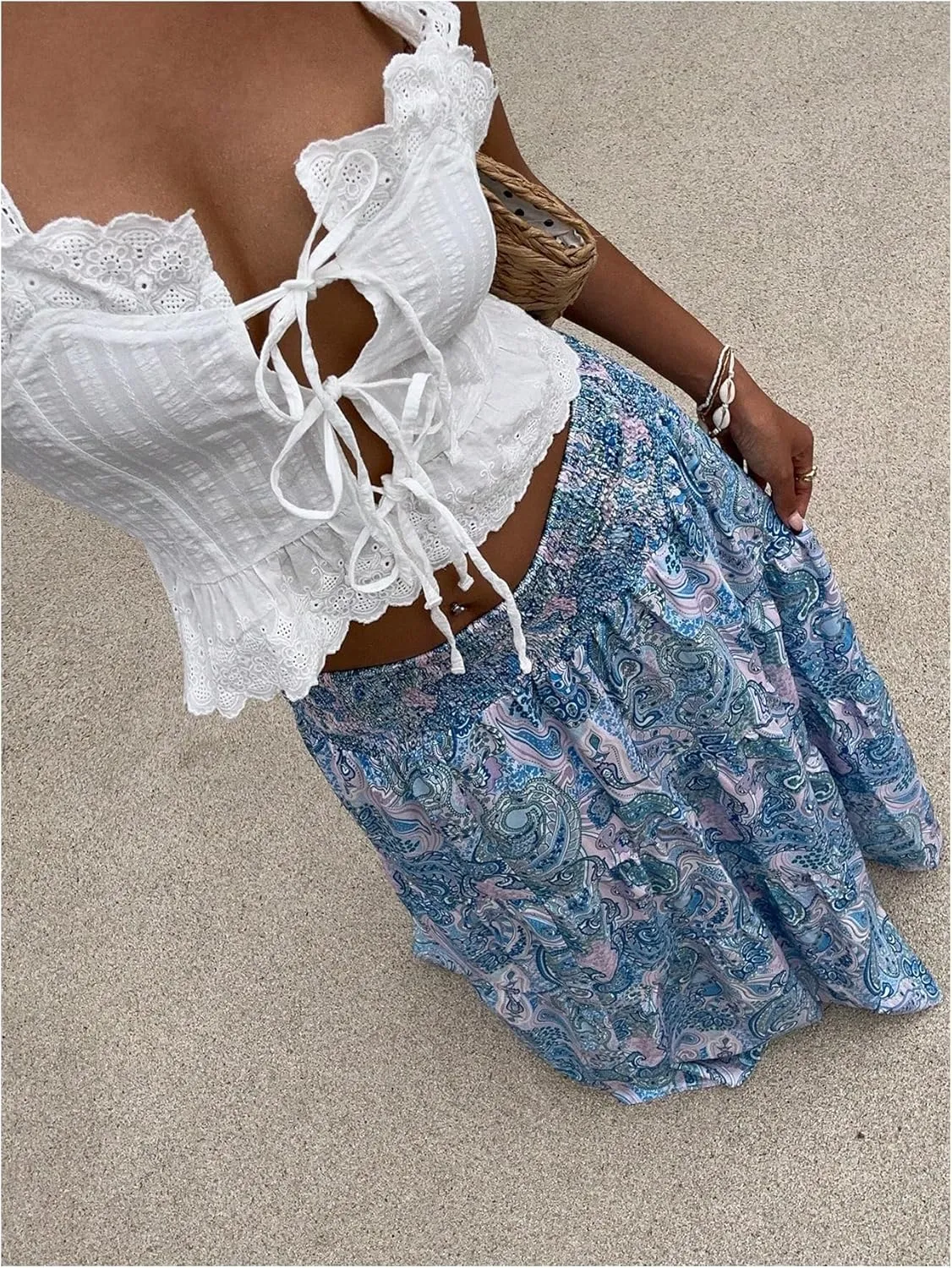 Milumia Women's Paisley Print Flowy Maxi Skirts Boho Shirred Long Skirts Beach Vacation