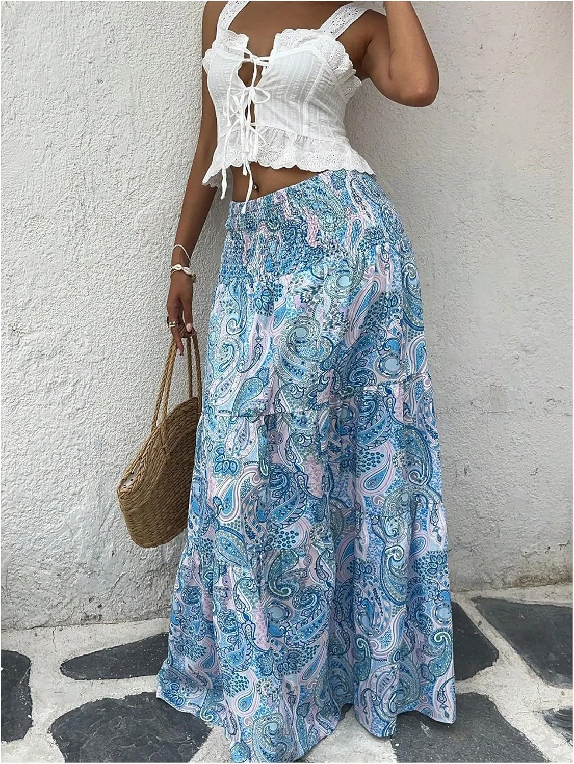 Milumia Women's Paisley Print Flowy Maxi Skirts Boho Shirred Long Skirts Beach Vacation