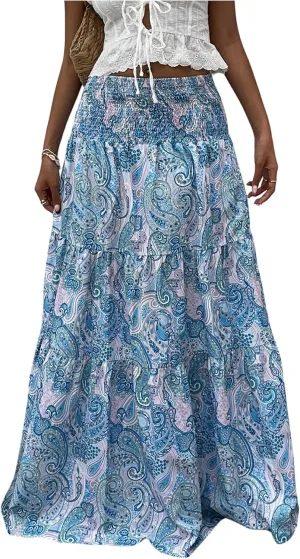 Milumia Women's Paisley Print Flowy Maxi Skirts Boho Shirred Long Skirts Beach Vacation