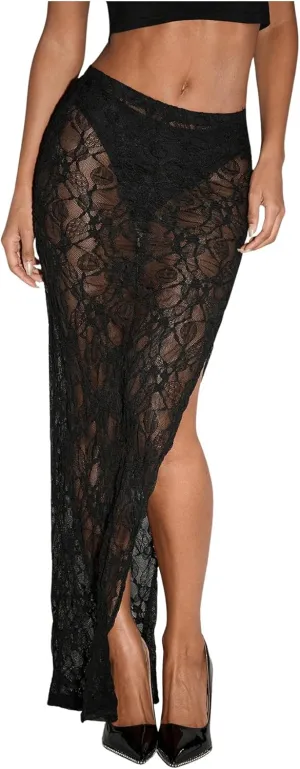 Milumia Women's Sexy Low Waisted Lace Skirt Split Thigh Festival Party Long Skirts