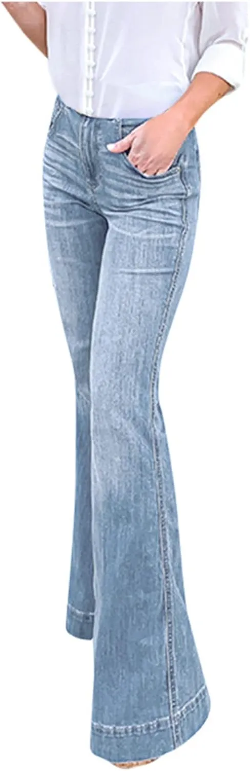 Miyaomn Women's Curvy Stretchy Bootcut Flare Jeans Pants High Waisted Wide Leg Bell Bottom Denim Trousers with Pockets XS-4XL