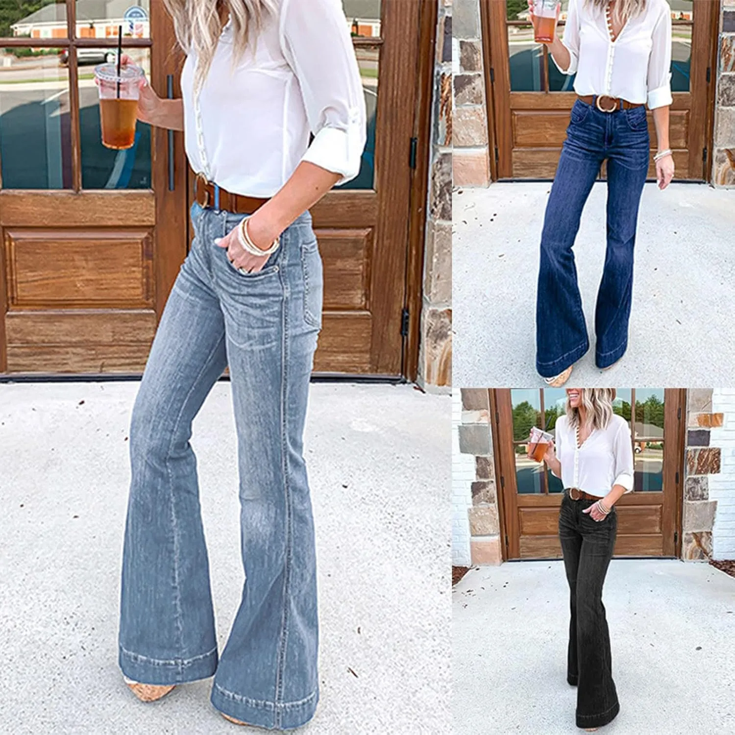 Miyaomn Women's Curvy Stretchy Bootcut Flare Jeans Pants High Waisted Wide Leg Bell Bottom Denim Trousers with Pockets XS-4XL