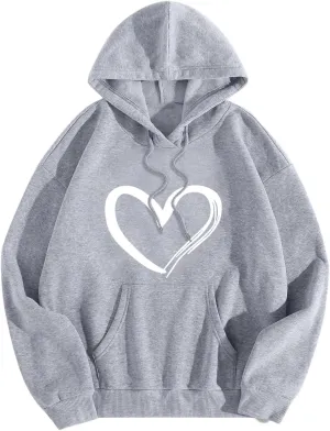 Mmoneyake Womens Graphic Hoodie Casual Heart Print Long Sleeve Pullover Fall Oversized Crew Neck Sweatshirt Trendy Streetwear