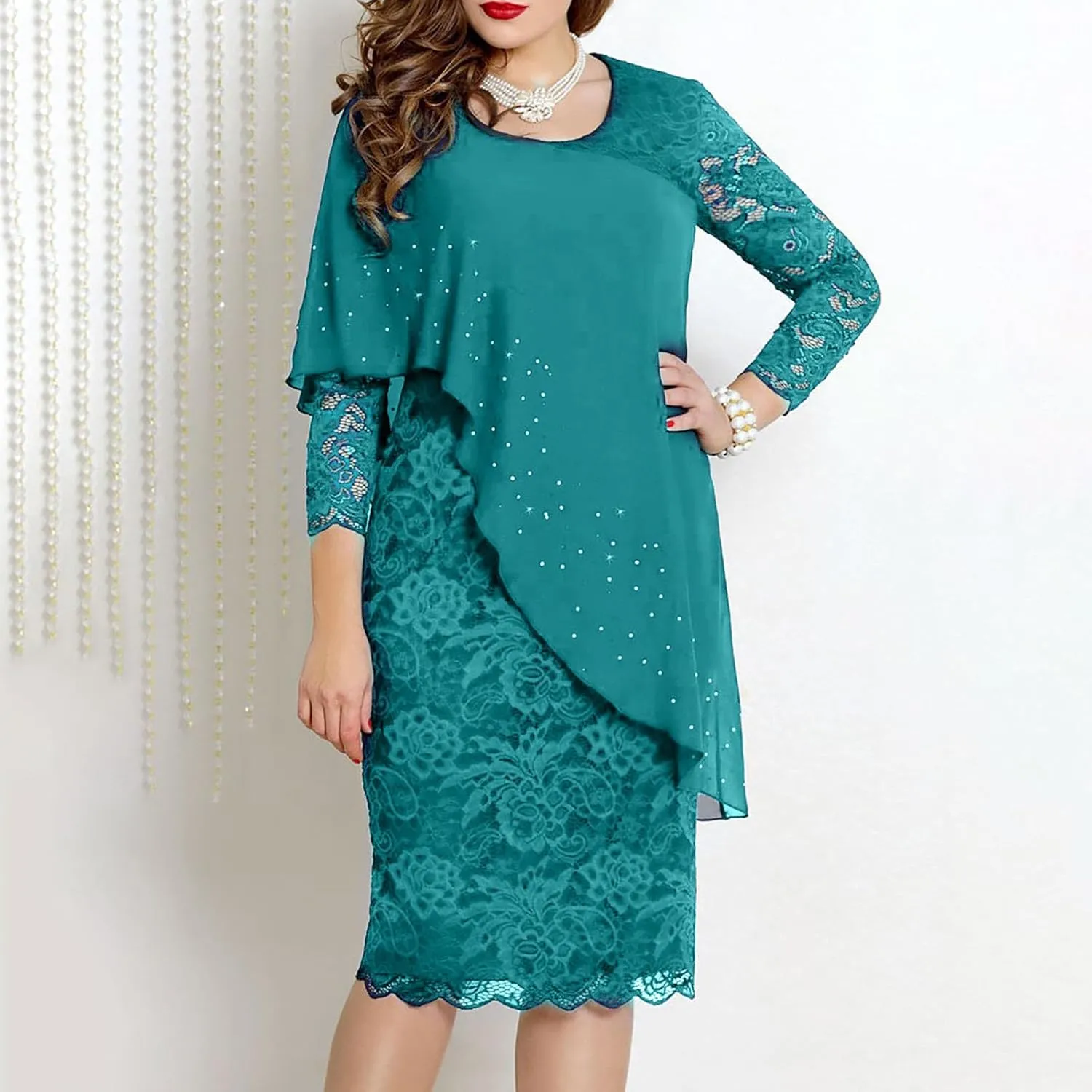 Mother of The Bride Dress 3/4 Sleeve Lace Chiffon Wedding Guest Dress Mother of Groom Dress Short Formal Evening Dress
