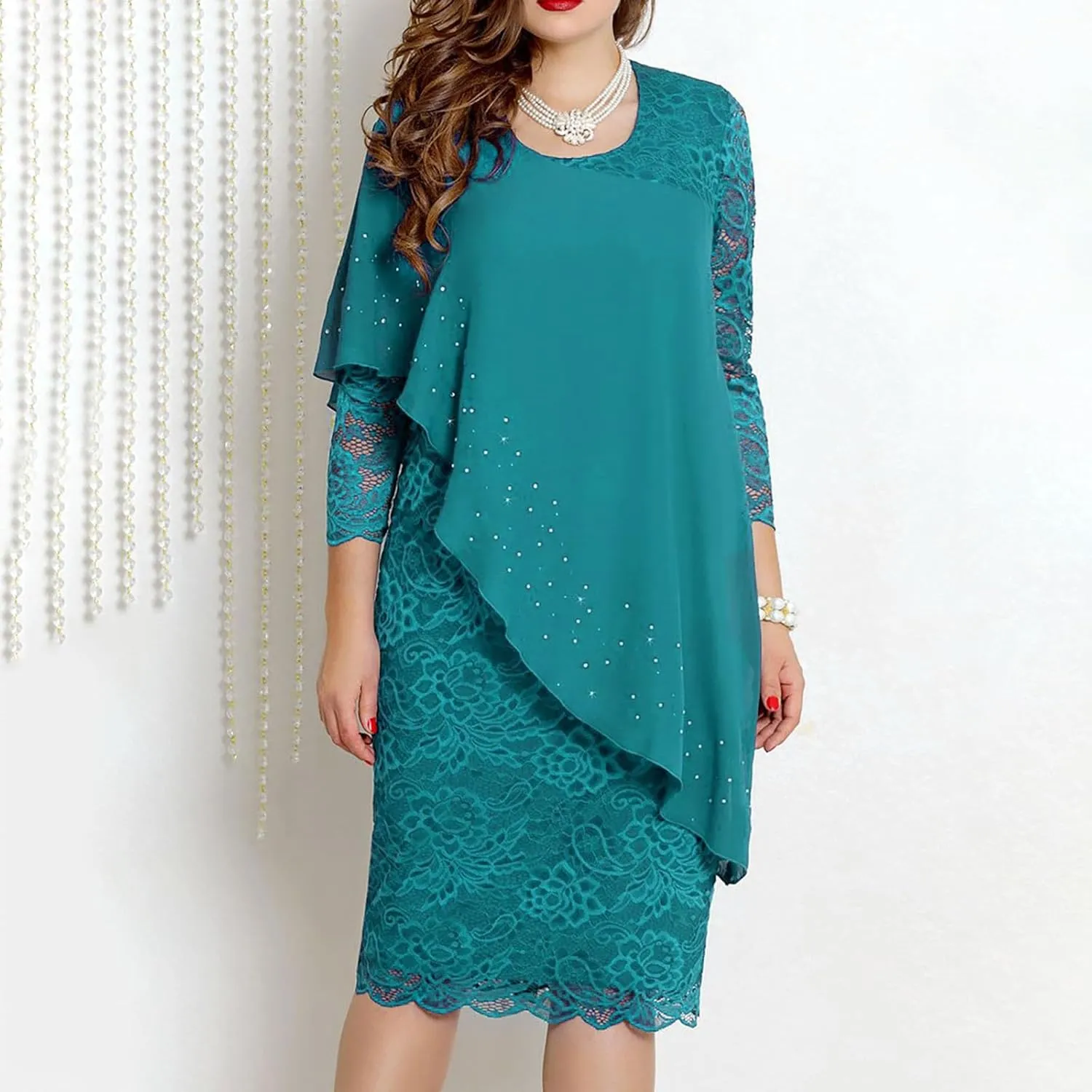 Mother of The Bride Dress 3/4 Sleeve Lace Chiffon Wedding Guest Dress Mother of Groom Dress Short Formal Evening Dress