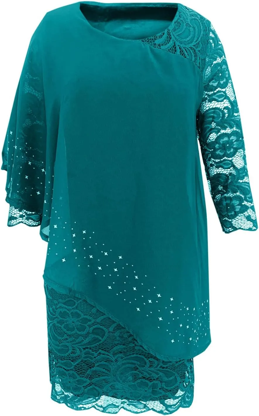 Mother of The Bride Dress 3/4 Sleeve Lace Chiffon Wedding Guest Dress Mother of Groom Dress Short Formal Evening Dress