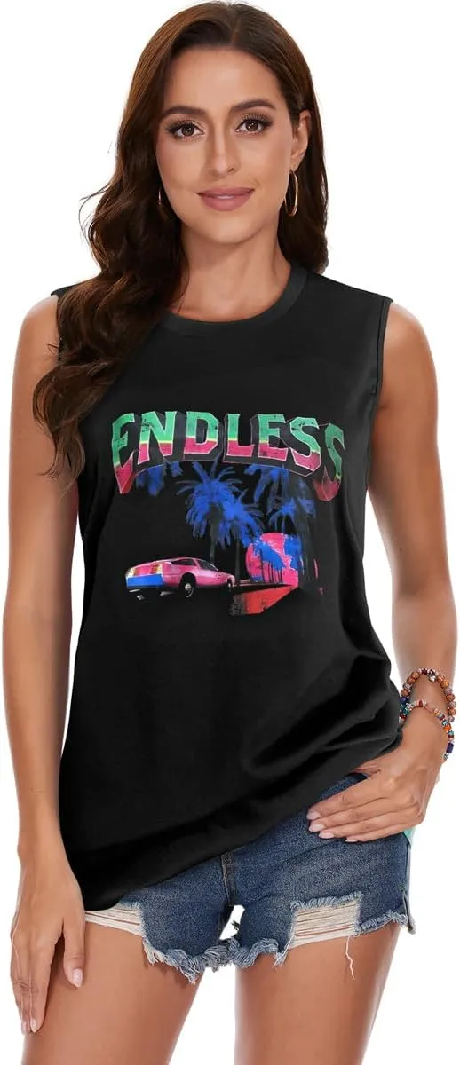 My Sky Womens Tank Tops Summer T Shirts Sleeveless Casual Cute Loose Tunic Blouses