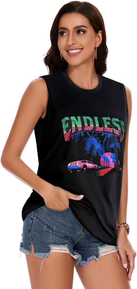 My Sky Womens Tank Tops Summer T Shirts Sleeveless Casual Cute Loose Tunic Blouses
