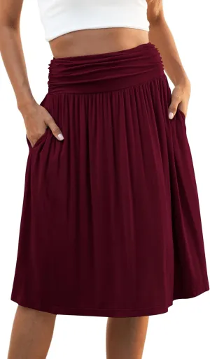 Naggoo Womens Summer Elastic High Waisted Midi Skirts Flowy Aline Knee Length Skirt with Pockets S-XXXL