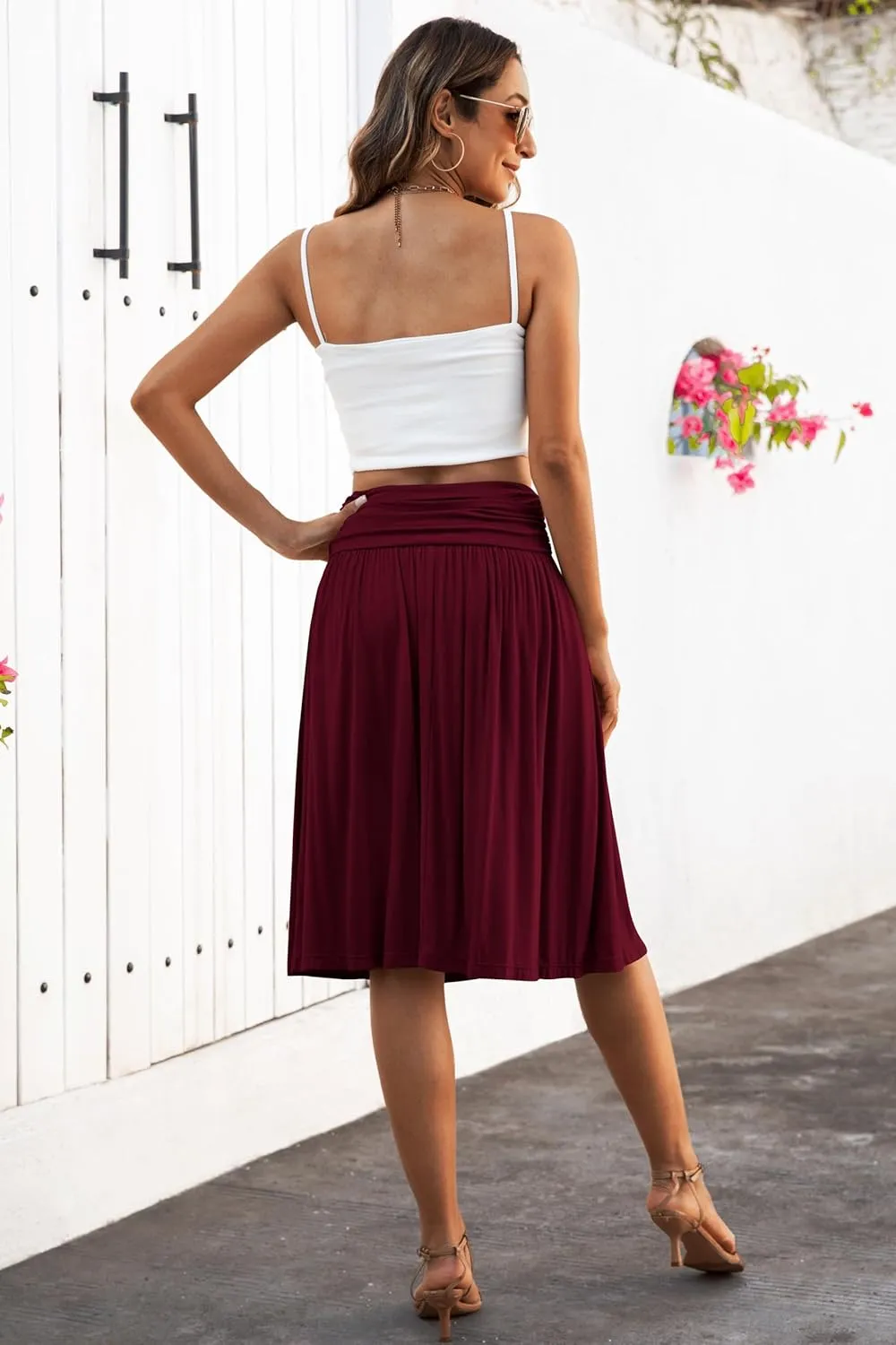 Naggoo Womens Summer Elastic High Waisted Midi Skirts Flowy Aline Knee Length Skirt with Pockets S-XXXL
