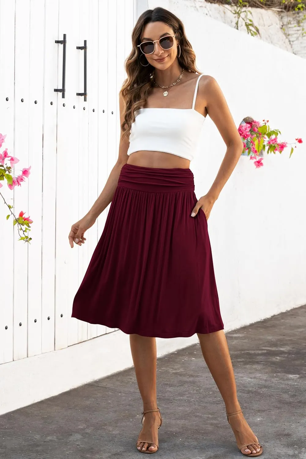 Naggoo Womens Summer Elastic High Waisted Midi Skirts Flowy Aline Knee Length Skirt with Pockets S-XXXL