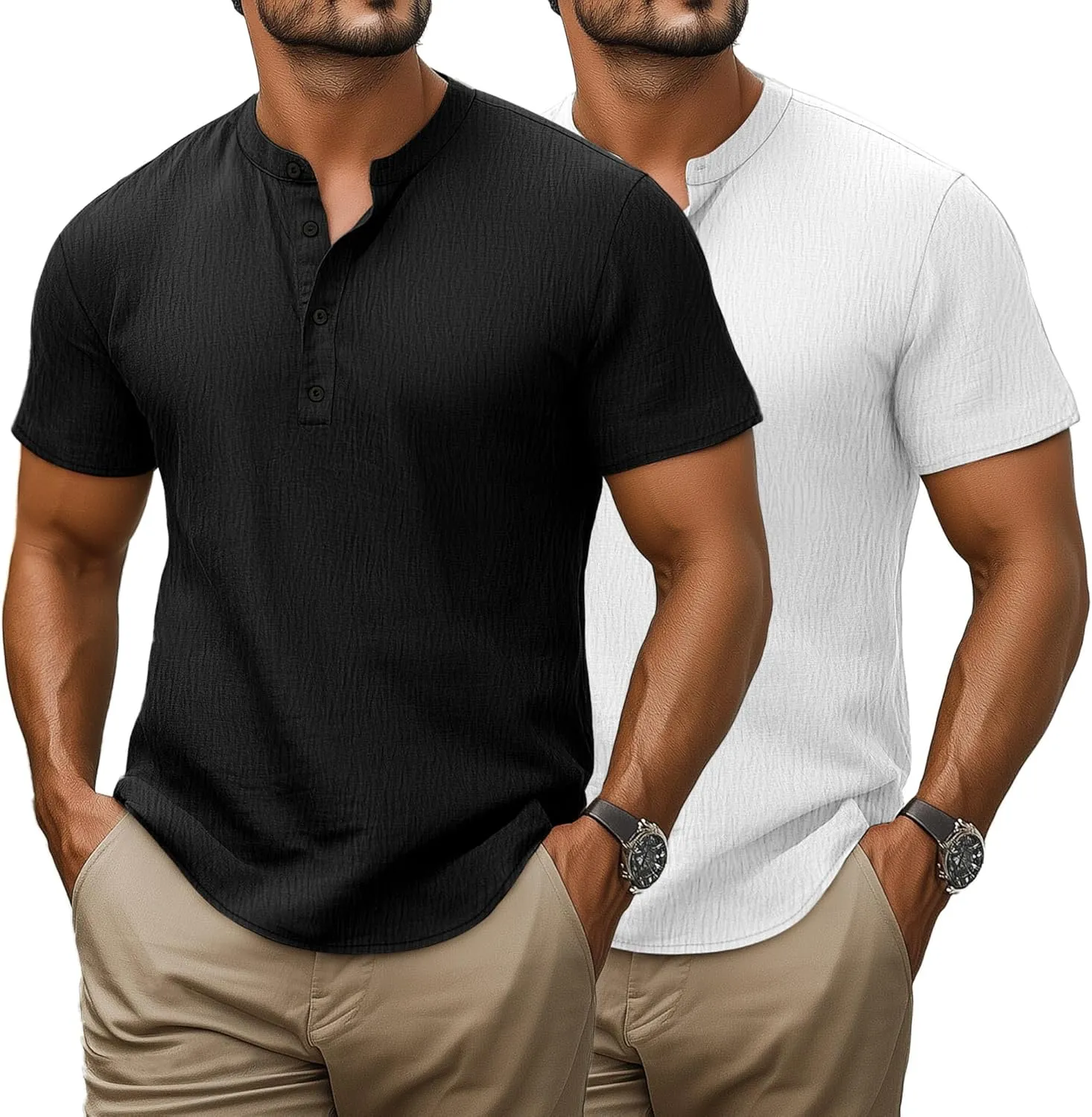 Neer 2 Pack Big and Tall Shirts for Men Casual Button Short Sleeve Henley T Shirt Band Collar Plus Size Top Beach Tee