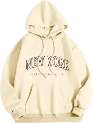 New York Hoodie Women Graphic Pullover Long Sleeve Comfy Casual Hooded Sweatshirts Pocket Fall Clothes Teen Girls