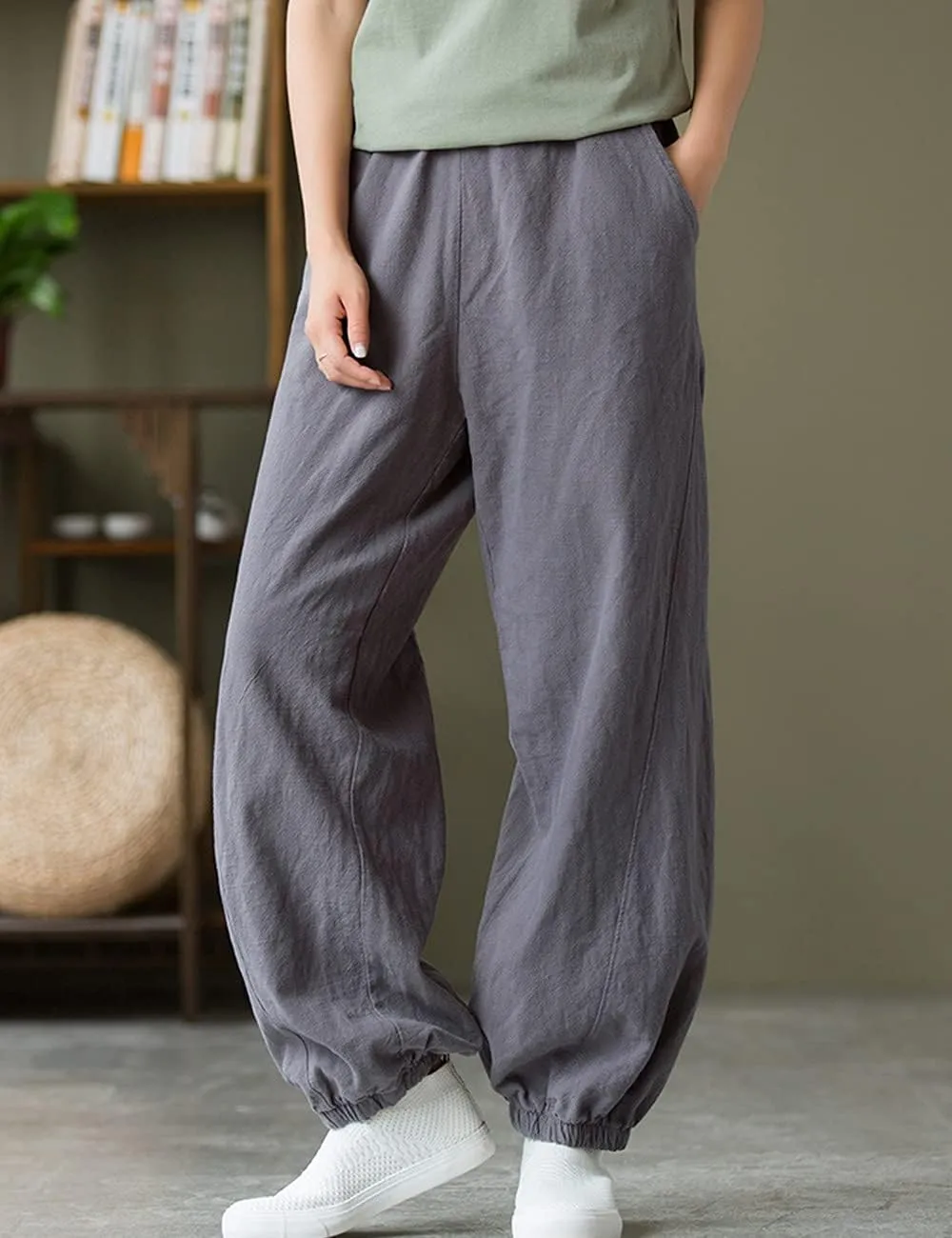 NFYM Women Cotton Linen Pants Elastic Waistband Wide Leg Tapered Harem Long Bloomer Trousers with Pockets