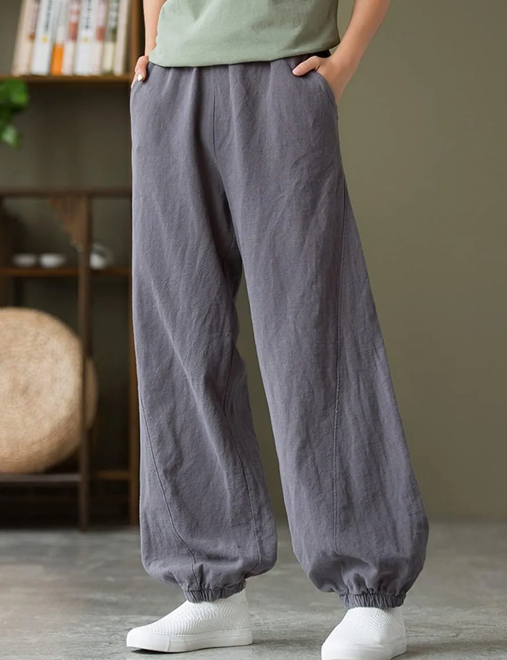 NFYM Women Cotton Linen Pants Elastic Waistband Wide Leg Tapered Harem Long Bloomer Trousers with Pockets