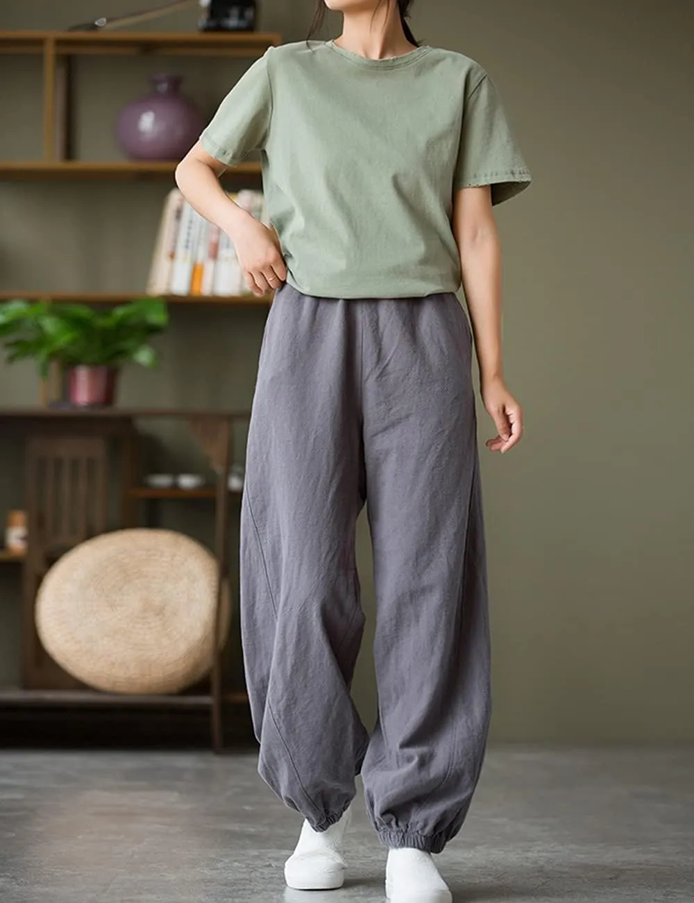 NFYM Women Cotton Linen Pants Elastic Waistband Wide Leg Tapered Harem Long Bloomer Trousers with Pockets