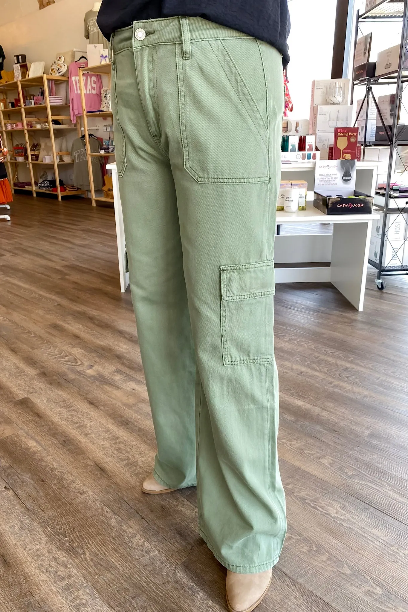 Olivia Army Green High Rise Utility Cargo Wide Leg Denim by Vervet