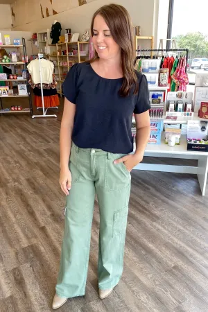 Olivia Army Green High Rise Utility Cargo Wide Leg Denim by Vervet