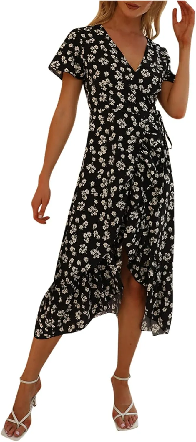 Ollysqiar Dresses Women's 2023 Floral Summer Dress Wrap V Neck Short Sleeve Belted Ruffle Hem A-Line Bohemian Dresses A02 16