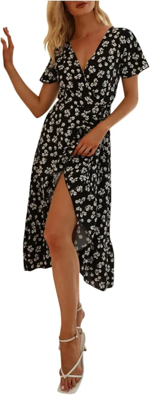 Ollysqiar Dresses Women's 2023 Floral Summer Dress Wrap V Neck Short Sleeve Belted Ruffle Hem A-Line Bohemian Dresses A02 16