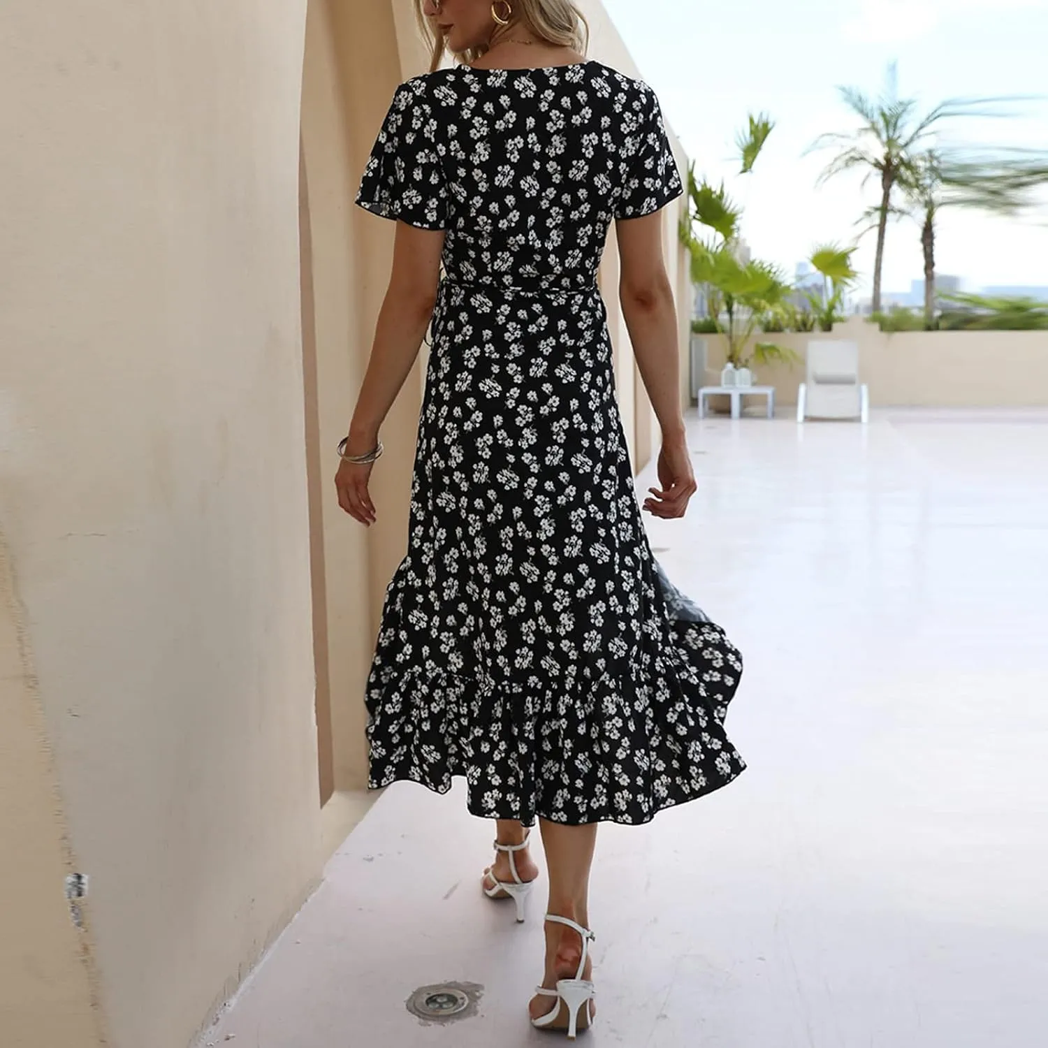 Ollysqiar Dresses Women's 2023 Floral Summer Dress Wrap V Neck Short Sleeve Belted Ruffle Hem A-Line Bohemian Dresses A02 16