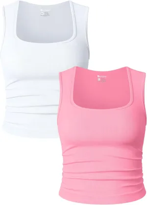 OQQ Womens 2 Piece Crop Tops Rueched Sleeveless Square Neck Stretch Basic Tank Shirts