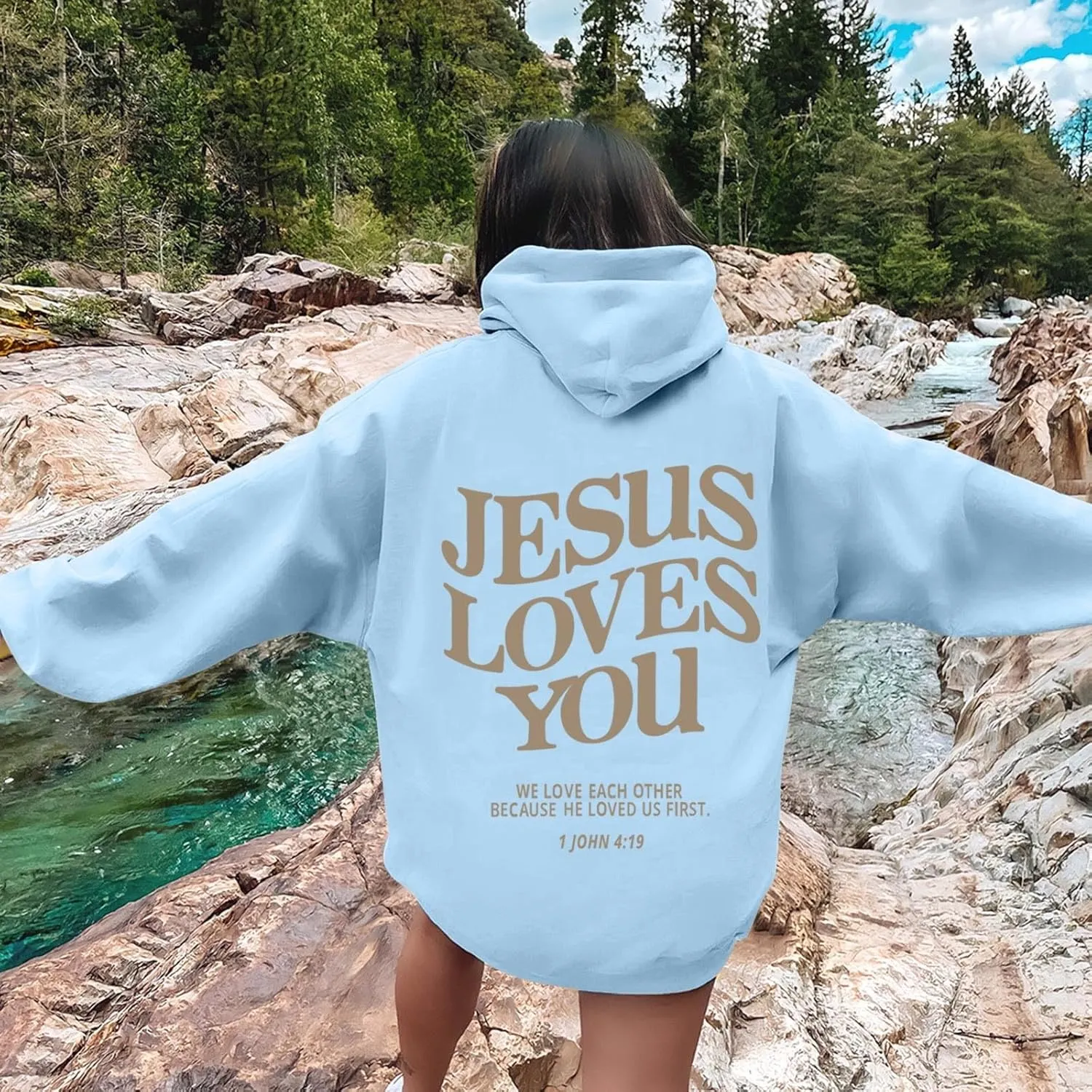 Oversized Hoodie For Women Love Like Jesus Hooded Drawstring Sweatshirts Loose Letter Print Long Sleeve Pullover Hoodie Tops