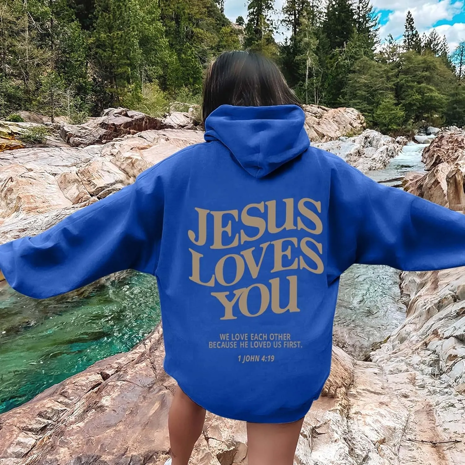 Oversized Hoodie For Women Love Like Jesus Hooded Drawstring Sweatshirts Loose Letter Print Long Sleeve Pullover Hoodie Tops