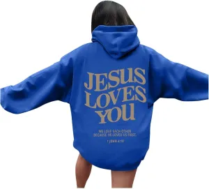 Oversized Hoodie For Women Love Like Jesus Hooded Drawstring Sweatshirts Loose Letter Print Long Sleeve Pullover Hoodie Tops