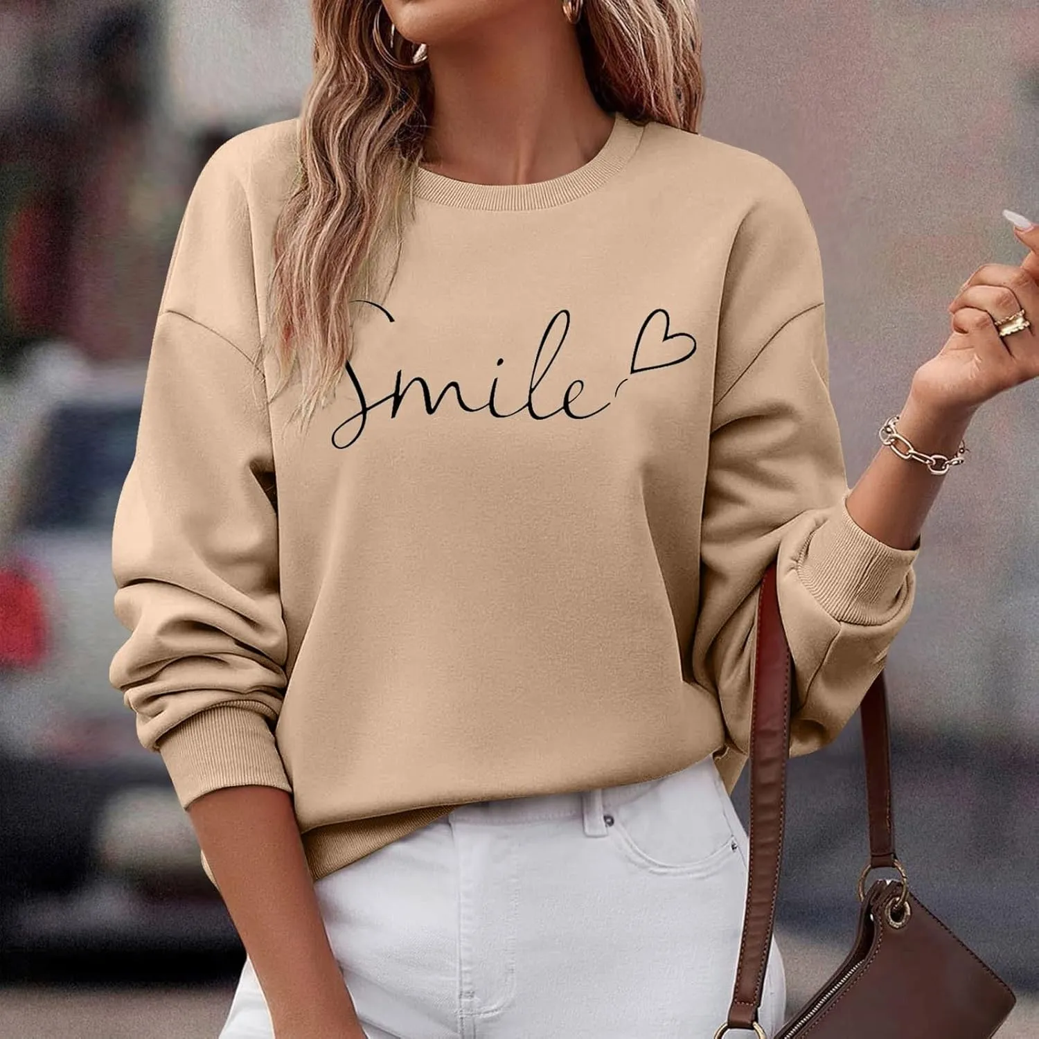 Oversized Sweatshirts for Women Smile Letter Graphic Crewneck Long Sleeve Pullover Tops Fleece Fall Preppy Shirts