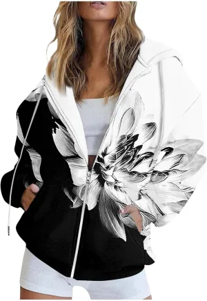 Oversized Zip Up Hoodie for Women Novelty Color Block Long Sleeve Loose Drawstring Sweatshirt Pocket Jacket Outwear