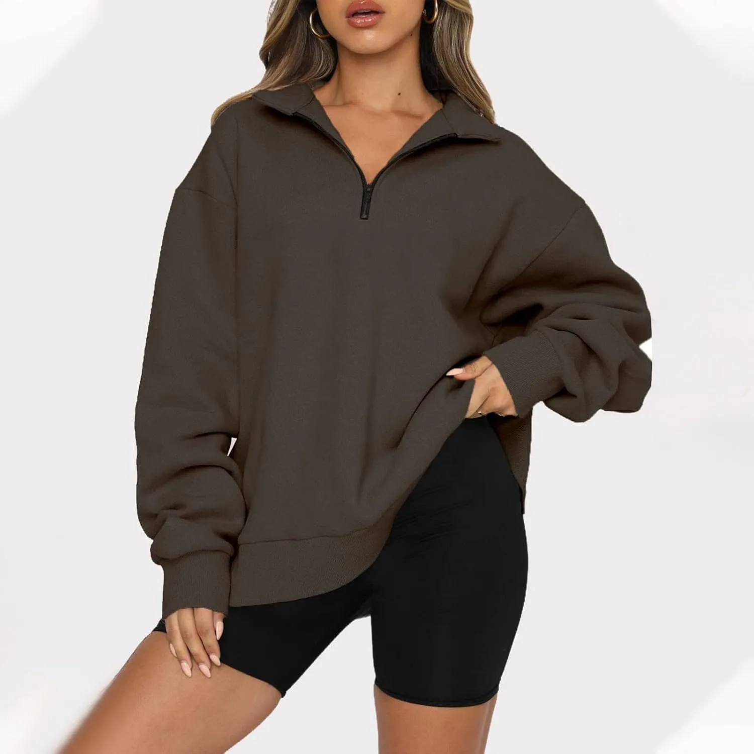 Oversized Zip Up Sweatshirts For Women 2023 Fall Fashion Outfits Casual Quarter Zip Long Sleeve Pullover Hoodies