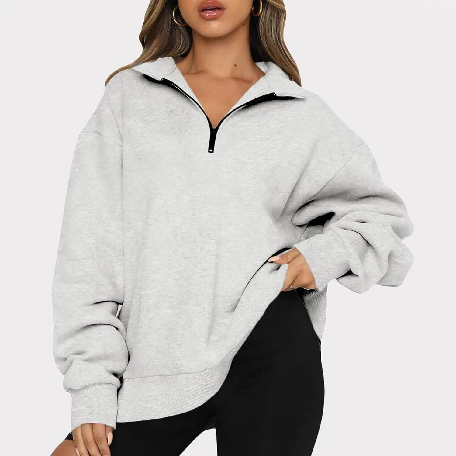 Oversized Zip Up Sweatshirts For Women 2023 Fall Fashion Outfits Casual Quarter Zip Long Sleeve Pullover Hoodies