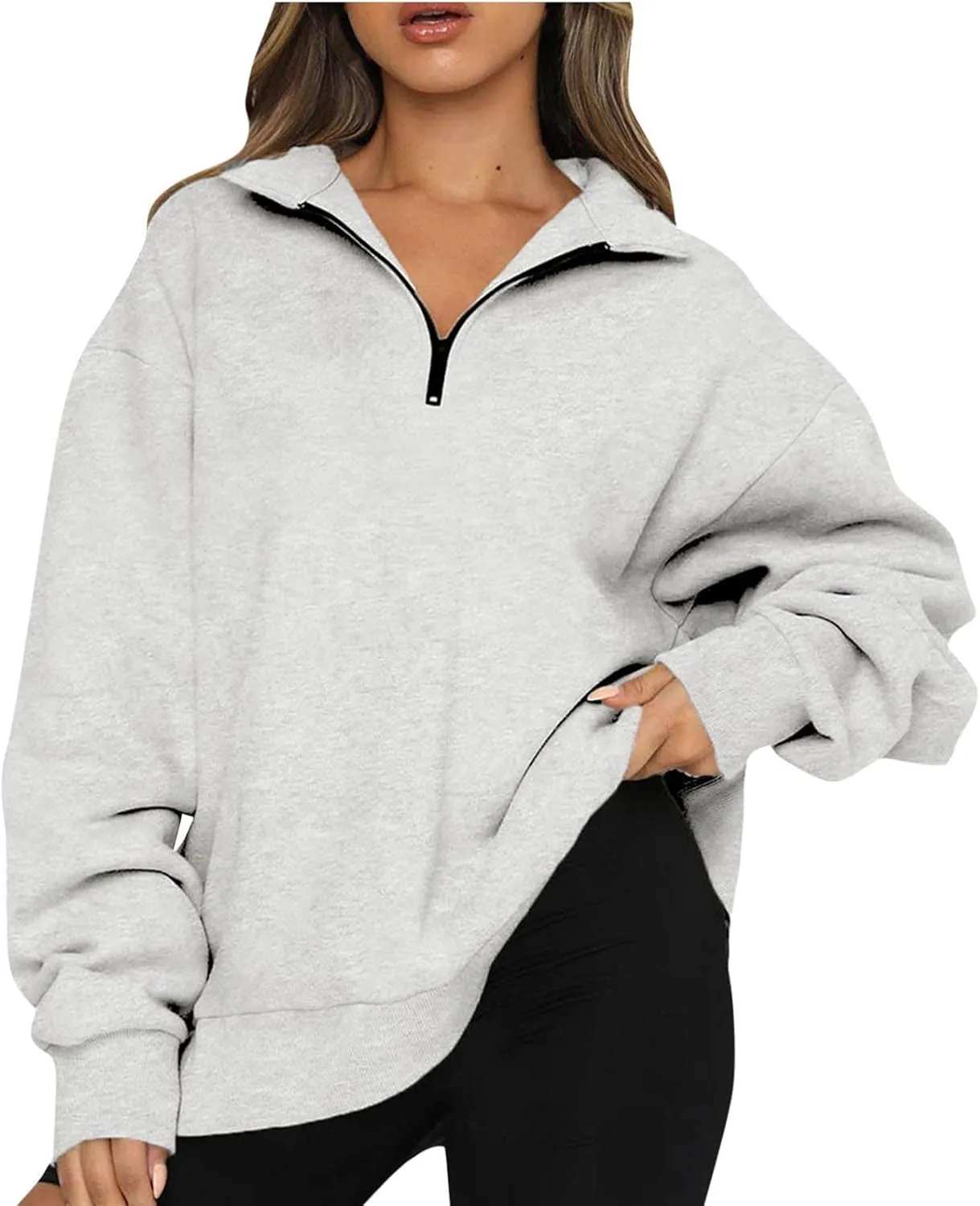 Oversized Zip Up Sweatshirts For Women 2023 Fall Fashion Outfits Casual Quarter Zip Long Sleeve Pullover Hoodies