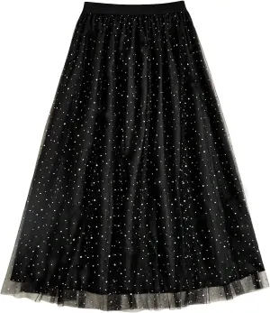 OYOANGLE Women's Plus Size Rhinestone Sequin Mesh High Waist A Line Maxi Skirts Sparkly Tulle Skirt