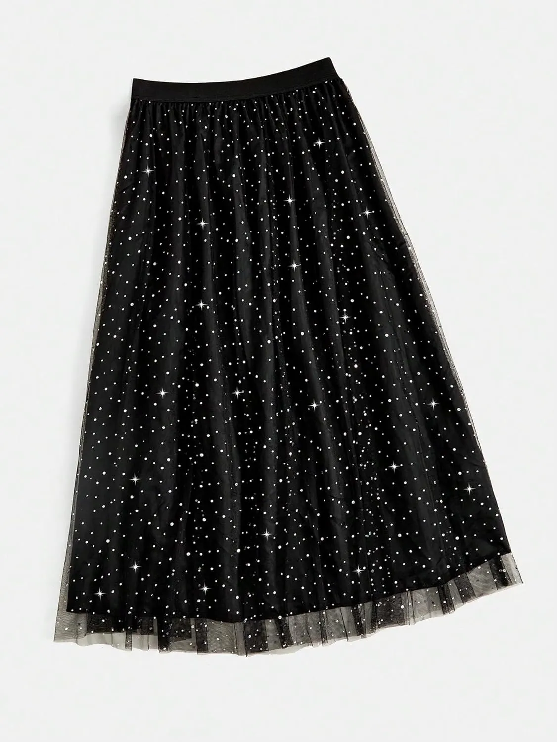 OYOANGLE Women's Plus Size Rhinestone Sequin Mesh High Waist A Line Maxi Skirts Sparkly Tulle Skirt