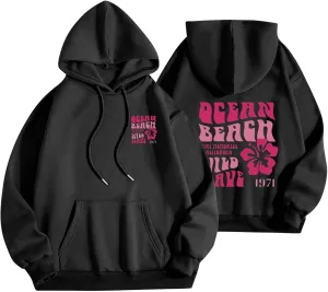 Pink Palm Puff Hoodie for Women Graphic Letter Print Hoodies Oversize Lightweight Pullover Y2k Drawstring Sweatshirt